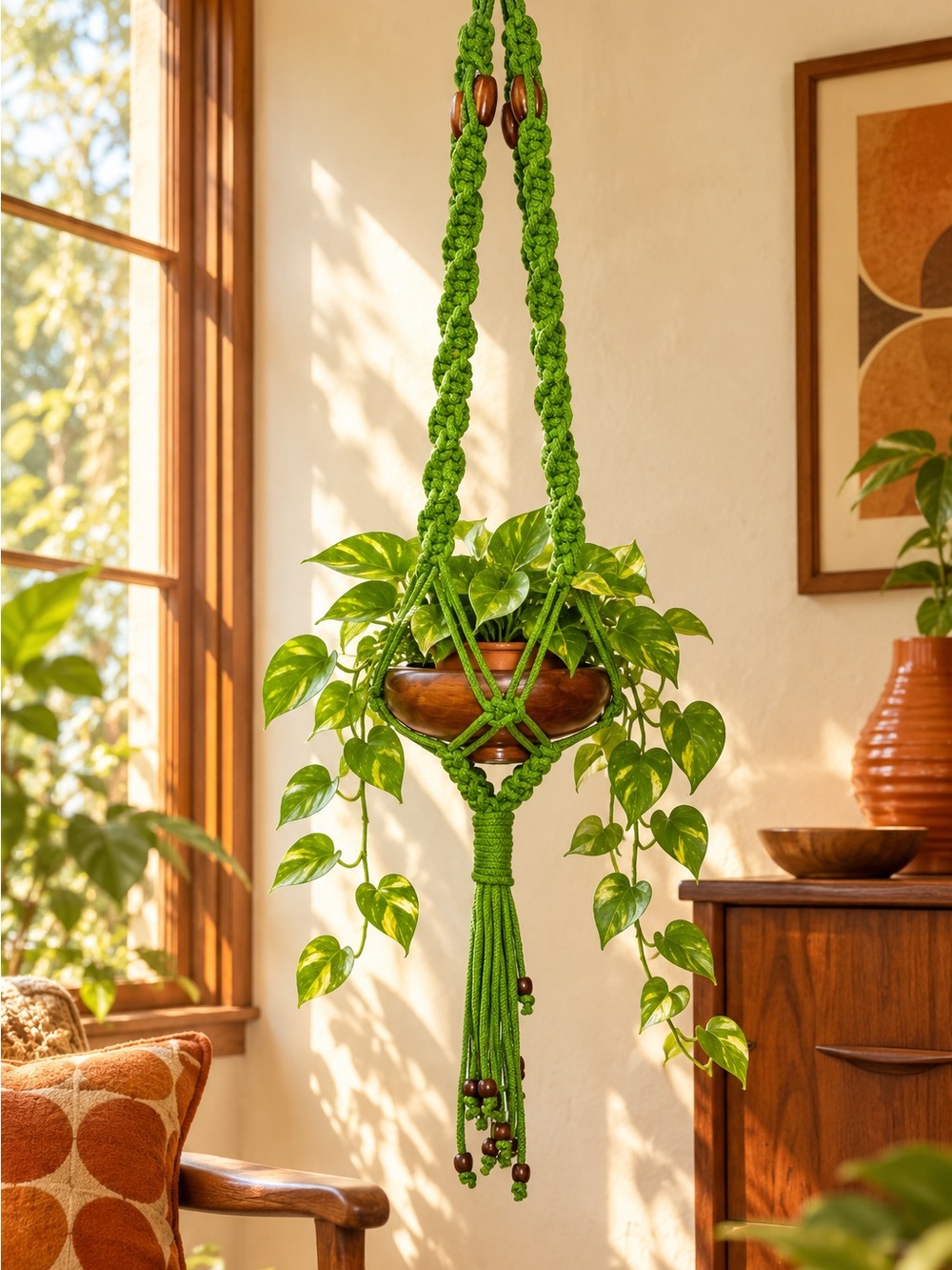 Vintage Green Macrame Hanging Planter Wood Bowl Beaded Plant Holder